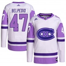 Youth Adidas Montreal Canadiens Louie Belpedio White/Purple Hockey Fights Cancer Primegreen Jersey - Authentic