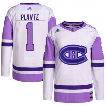 Youth Adidas Montreal Canadiens Jacques Plante White/Purple Hockey Fights Cancer Primegreen Jersey - Authentic