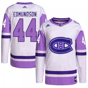Youth Adidas Montreal Canadiens Joel Edmundson White/Purple Hockey Fights Cancer Primegreen Jersey - Authentic