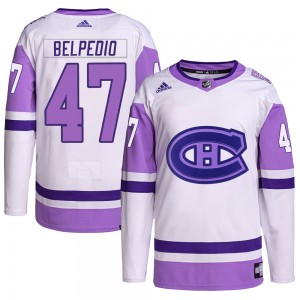 Men's Adidas Montreal Canadiens Louie Belpedio White/Purple Hockey Fights Cancer Primegreen Jersey - Authentic