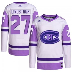 Men's Adidas Montreal Canadiens Gustav Lindstrom White/Purple Hockey Fights Cancer Primegreen Jersey - Authentic