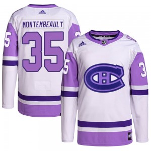 Men's Adidas Montreal Canadiens Sam Montembeault White/Purple Hockey Fights Cancer Primegreen Jersey - Authentic