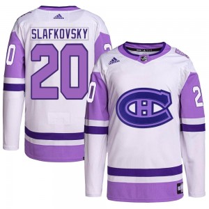 Men's Adidas Montreal Canadiens Juraj Slafkovsky White/Purple Hockey Fights Cancer Primegreen Jersey - Authentic