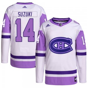 Men's Adidas Montreal Canadiens Nick Suzuki White/Purple Hockey Fights Cancer Primegreen Jersey - Authentic